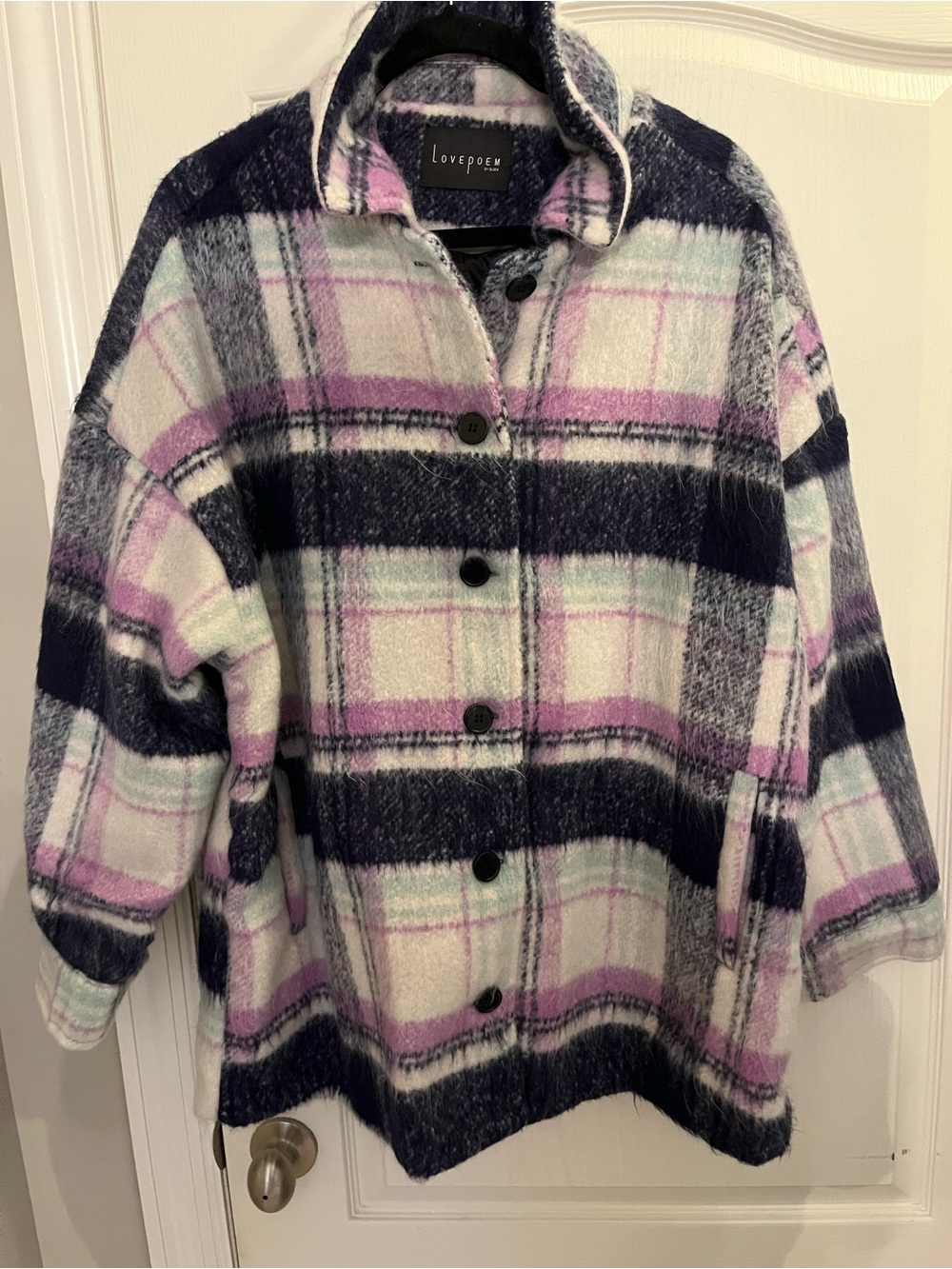 LovePoem Oversized Plaid Button-Down Shacket in Navy, Pink & White